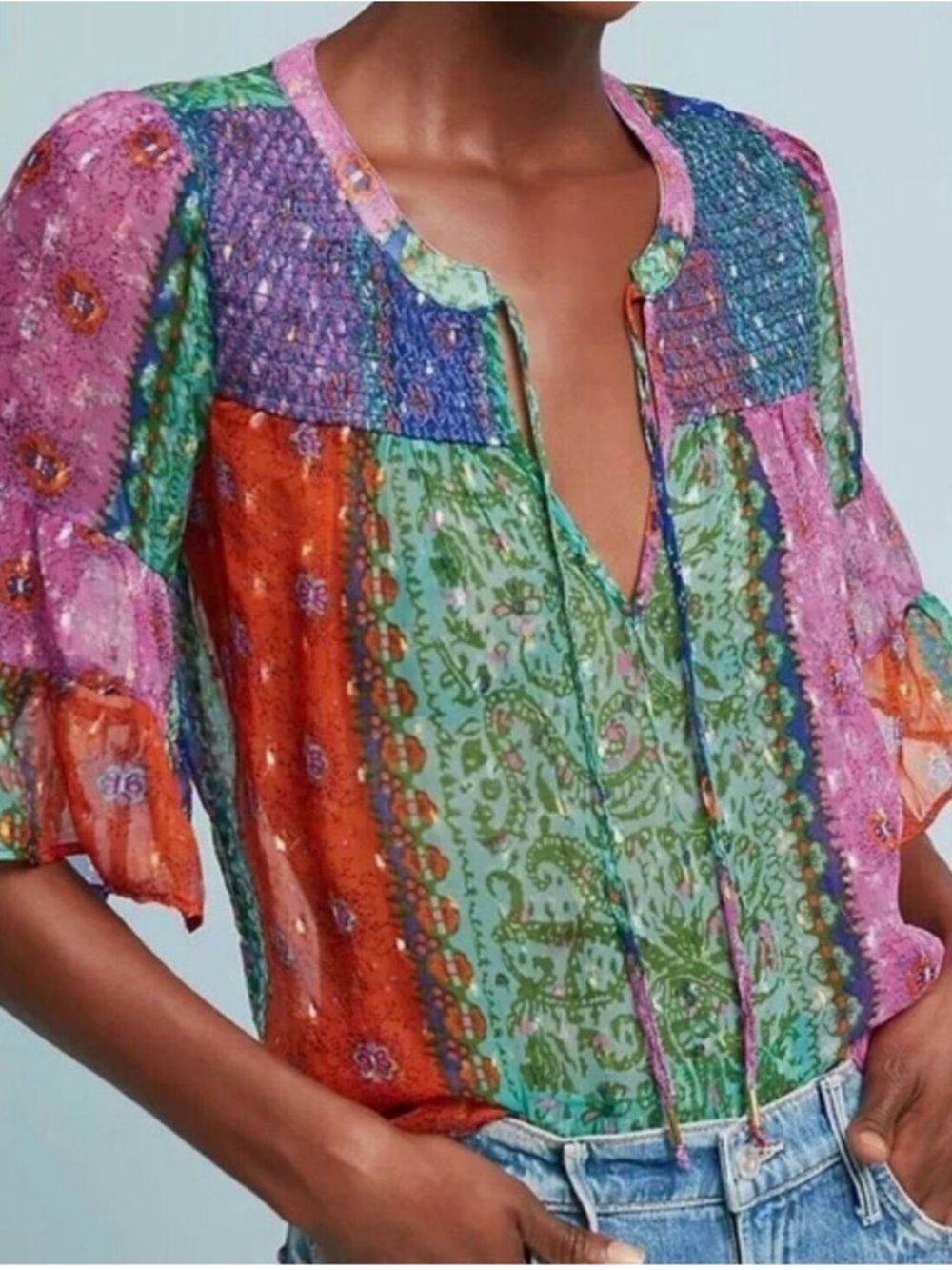 Anthropologie Boho Patchwork Floral Peasant Blouse - Multi